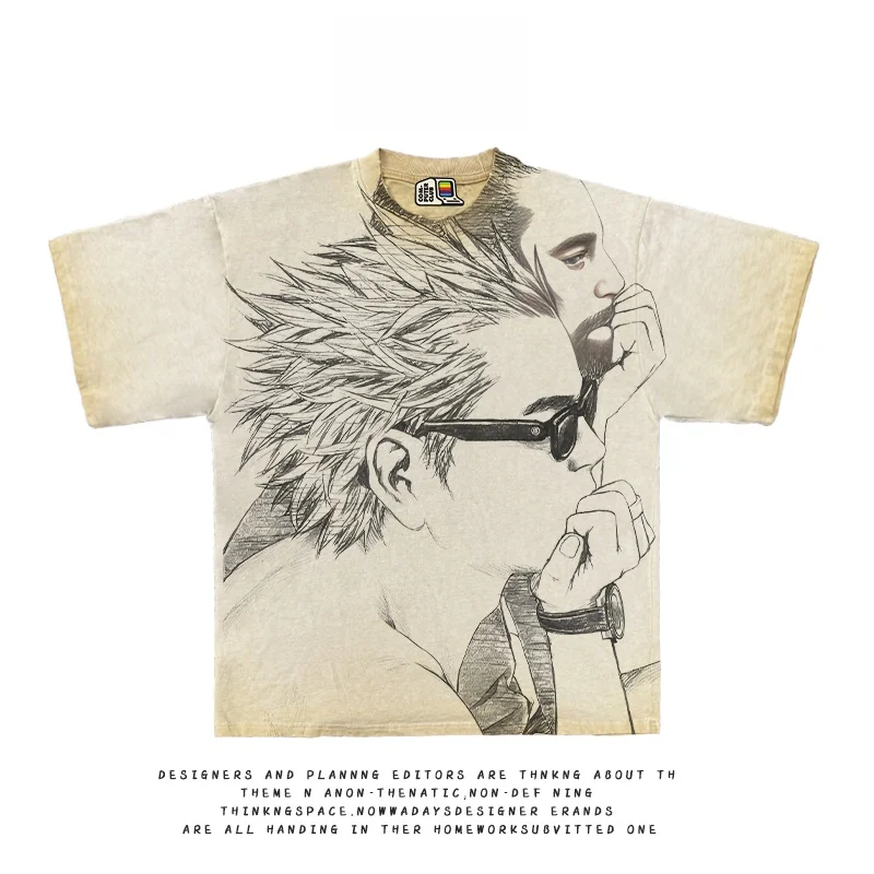 オールネイチャー半袖tシャツユニセックスルーズフィットサマーストリートスタイルレトロアメリカンプリントコットンカジュアルトップス男性と女性用