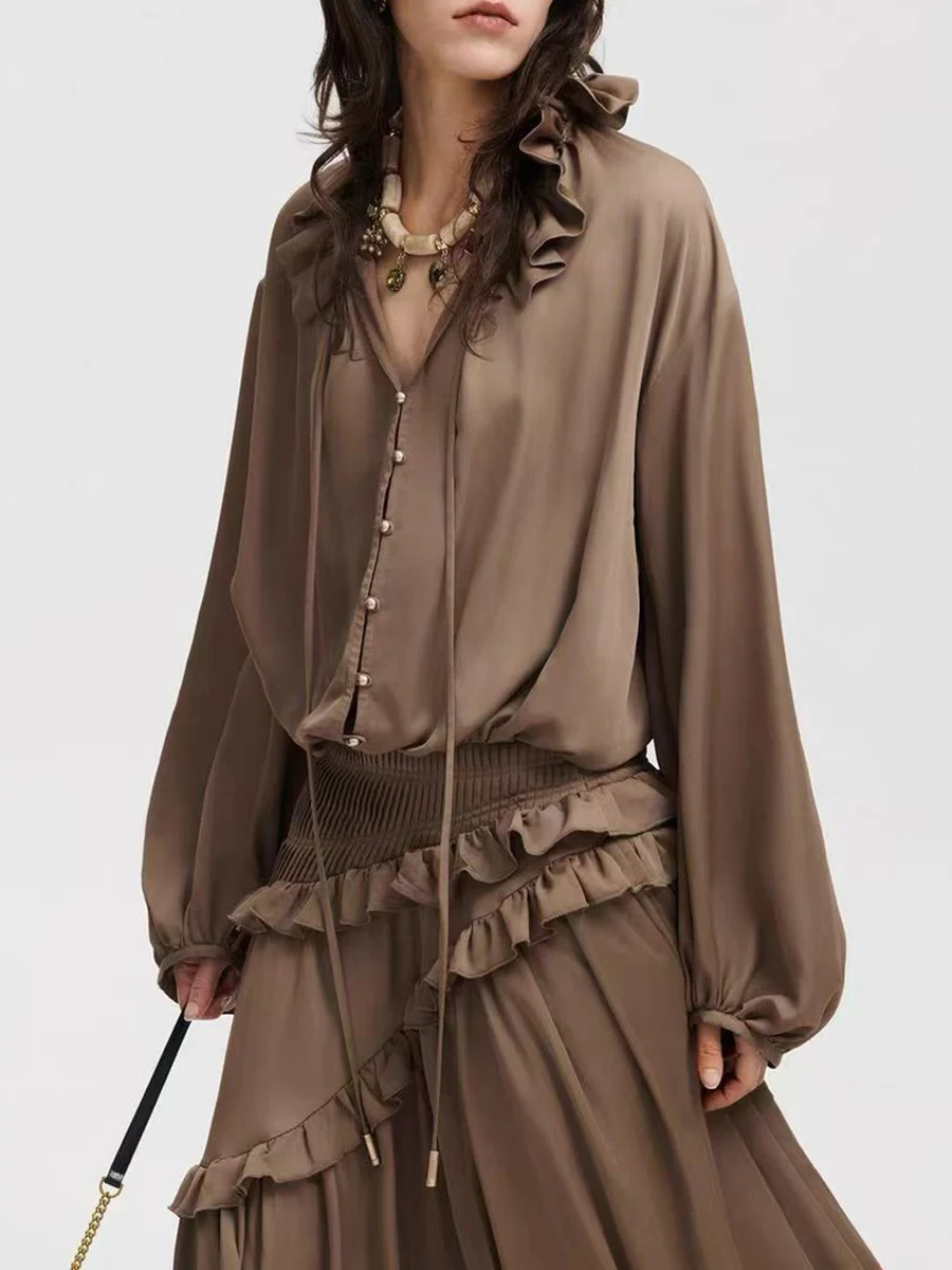 TWOTWINSTYLE Vintage Loose Spliced Ruffles Folds Dresses for Women V Neck Long Sleeves Tunic Patchwork Lace Up Dress Female New