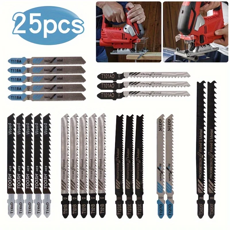 25Pc HCS Jigsaw Blades - Universal Wood/Plastic/Metal Cutting Set - Fits Most Jigsaws for Fast Precision Cuts