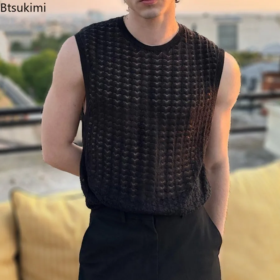 

Sexy Hollow Out Knit Vests Men's Summer Fashion O-neck Sleeveless Casual Pullover Tops Men Solid Slim Tank Tops Streetwear Male