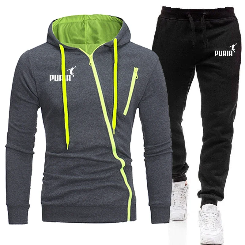 

Men's printed outdoor zipper hooded sweatshirt + pants 2-piece autumn and winter fashionable casual fitness jogging set