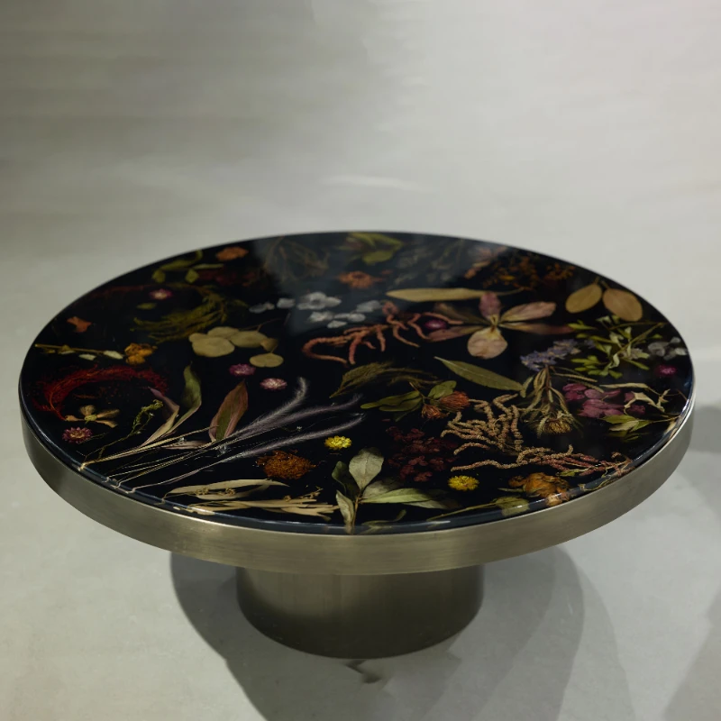 High-end luxury round low table embedded with real flower Nordic style acrylic, decorative furniture and household items