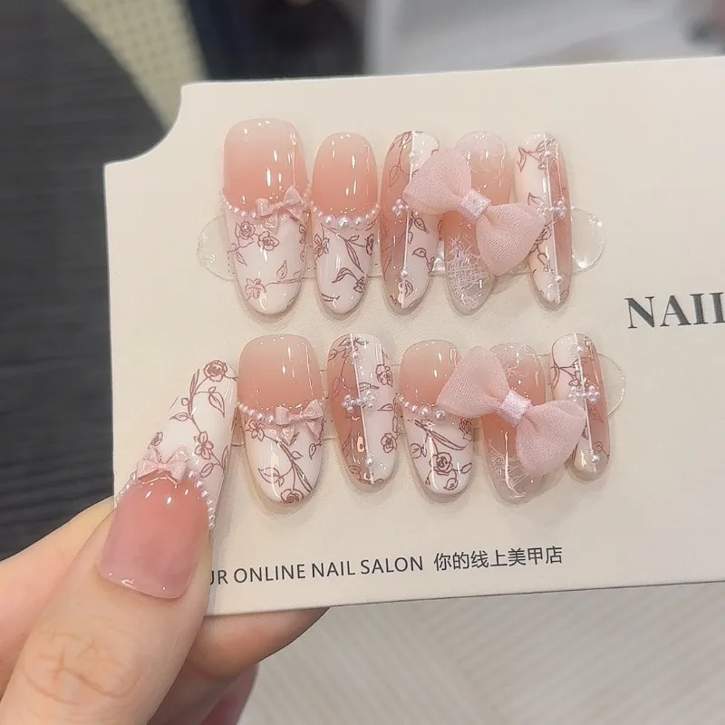 

10 Pieces Dreamy Romantic Handmade Press On Nails Vintage Floral Lines Bow Bow Pearl French Fake Nails Removable Reusable