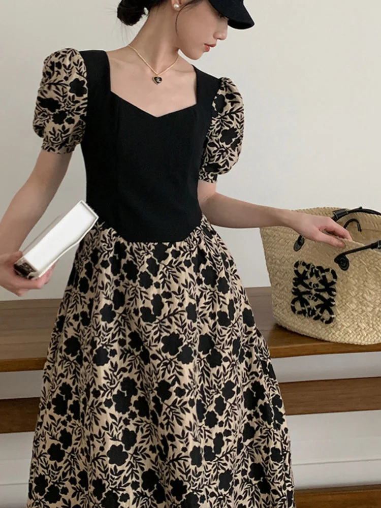 

Vintage Print Contrast Dress For Women Puff Sleeve Patchwork Elegant Female Dresses 2023 Summer New Fashion Ladies Vestido M976