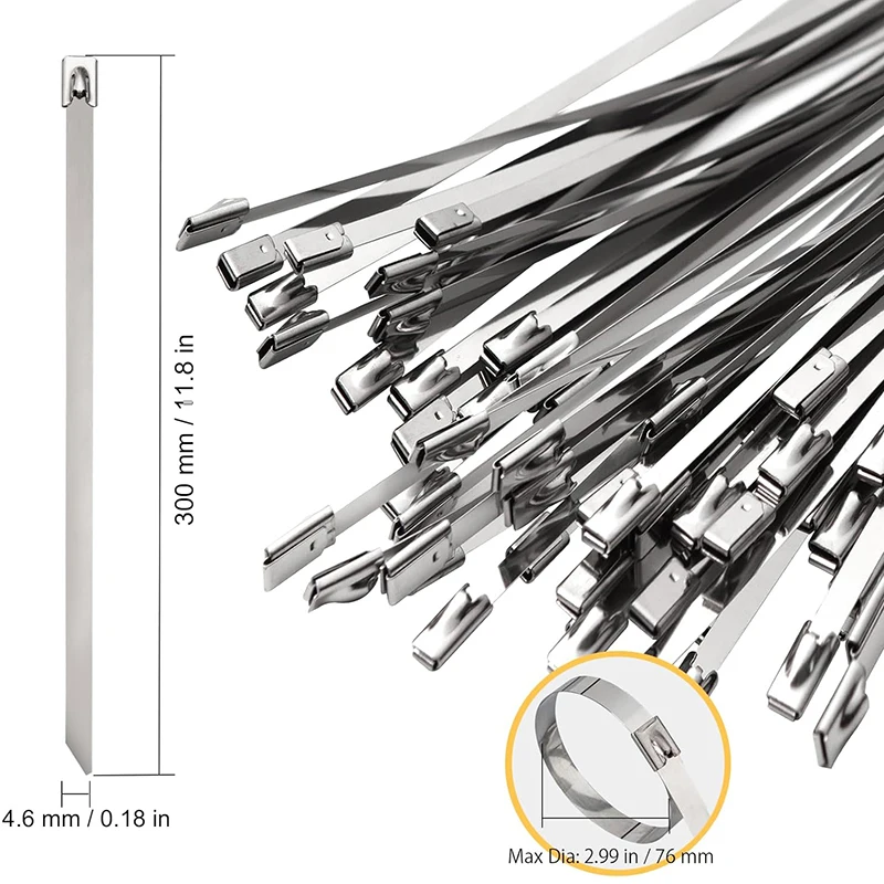 10/20/50/100 pcs 11.8 inch Stainless Steel Zip Ties | Rustproof Heavy Duty Cable Ties for Automotive, Machinery, Outdoor Fence