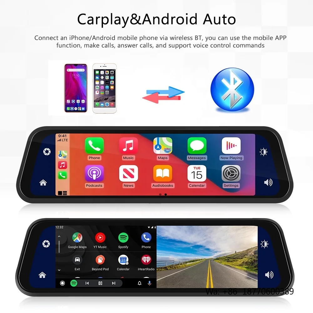 Podofo 9.66'' Dual Lens Dash Cam Front and Rear HD IPS Touch Screen Car Mirror DVR Wireless Carplay & Android Auto BT AI Voice