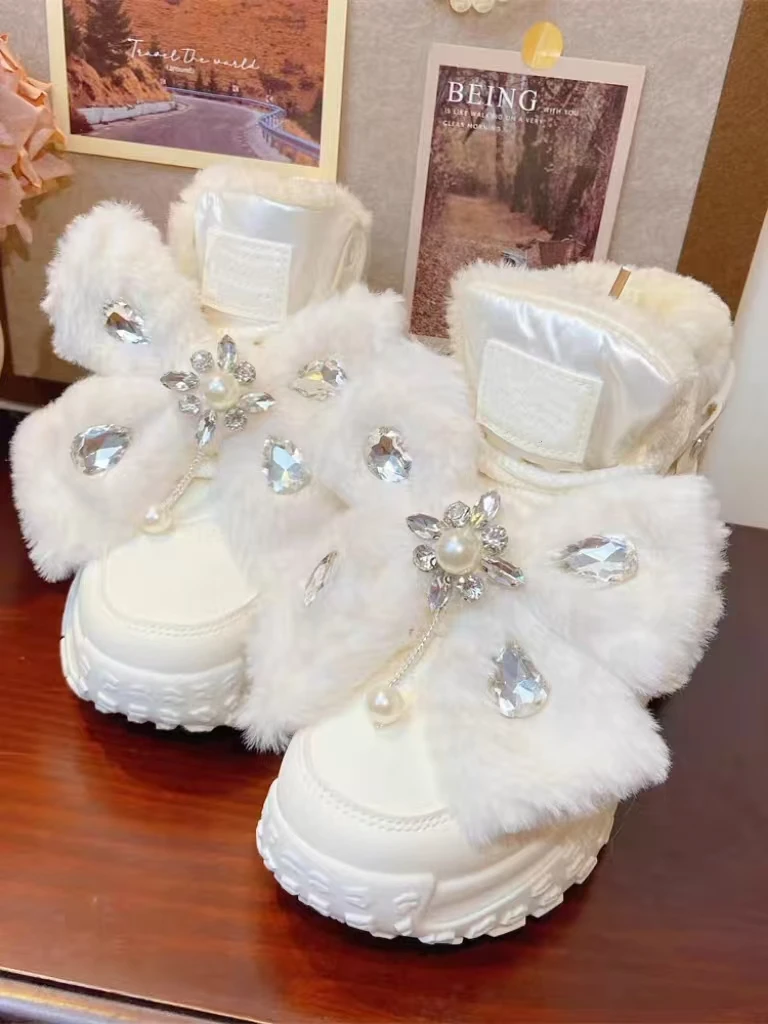 

White rhine-diamond pearl tassel cotton boots large size thick sole non slip casual comfortable female cotton shoes 35-40