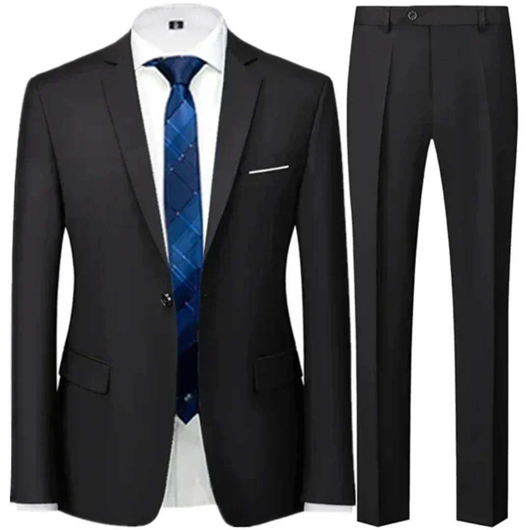 2 Pieces Fashion Men's Casual Business Suit Coat Trousers Set / Male Solid Color Wedding 1 Button Blazers Jacket Dress Pants