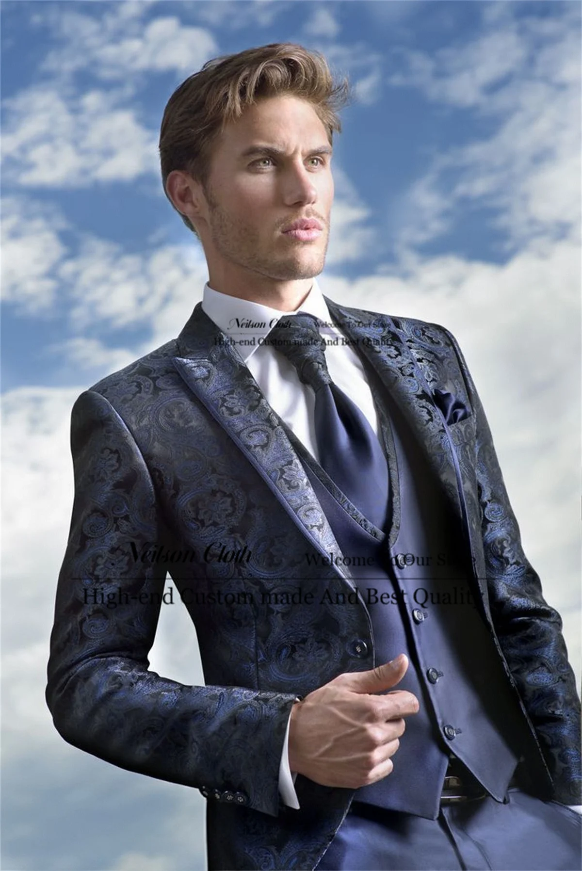 Fashion Navy Blue Male Prom Blazers 3 Pieces Sets Jacquard Groom Wedding Tuxedos Customized Peaked Lapel Terno Masculino