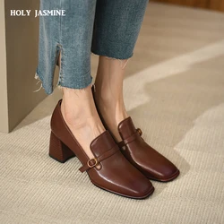 2022 New Square Toe Slip On Women Shoes Genuine Leather Shallow Ladies Shoes Spring Autumn Concise Square High Heels Size34-42