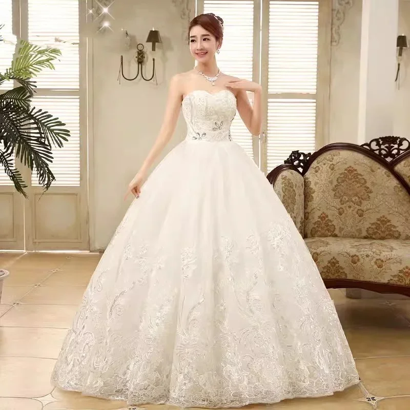 Cheap Wedding Dress White Sequin Bling Embrodiery Strapless Lace up princess Floor-length Plus size Simple Women Ball Gown XN027