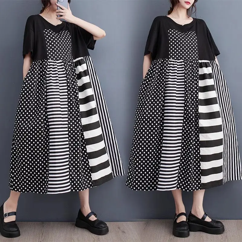 

Large Size Women's Dress 2023 Summer New Loose Stripe Splice Casual Commuter Korean Short Sleeve A-Line Long T-Shirt Dress Z2322