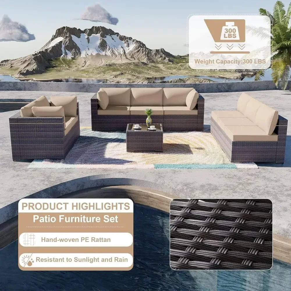 9-Piece Wicker Outdoor Patio Furniture Set with 4 Sofas, Sectional, Coffee Table, and Washable Cushions - Sand