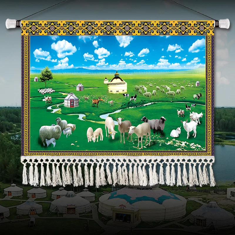 Vertical Cotton‑Linen Mongolian Grassland Landscape Tapestry No‑Drill Wall Hanging Cloth for Living Room Dining Room Decor