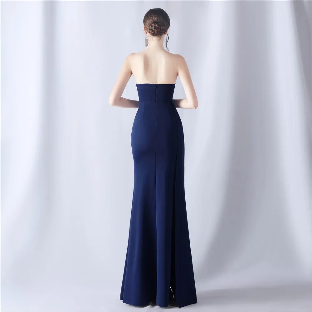 Evening Dresses Navy Blue Beads Stretchy Strapless Zipper Back Mermaid Trumpet Slit Floor Length Women Party Formal Gowns YE004