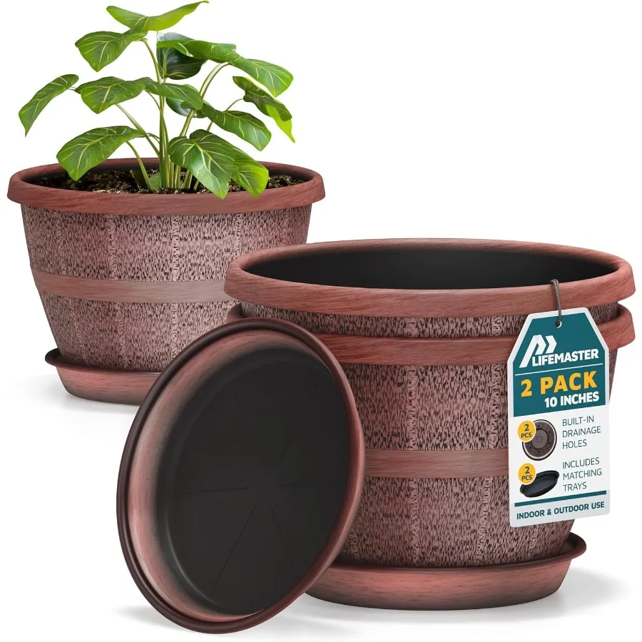 

10Inch Whiskey Barrel Planters Outdoor Pack of 2 Durable Plastic Plant Pots with Drainage and Saucer for Indoor Outdoor Use Lig