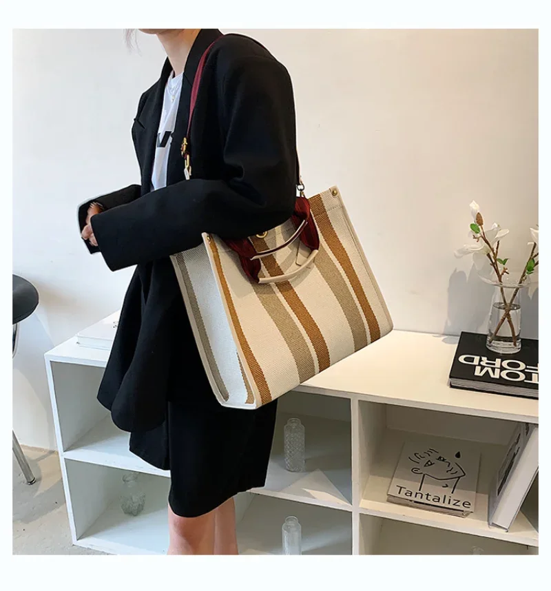 Luxury Designer Tote Bags Women's Large Capacity Shoulder Bag Messenger Bags Retro Striped Female Bags Casual Canvas Handbags