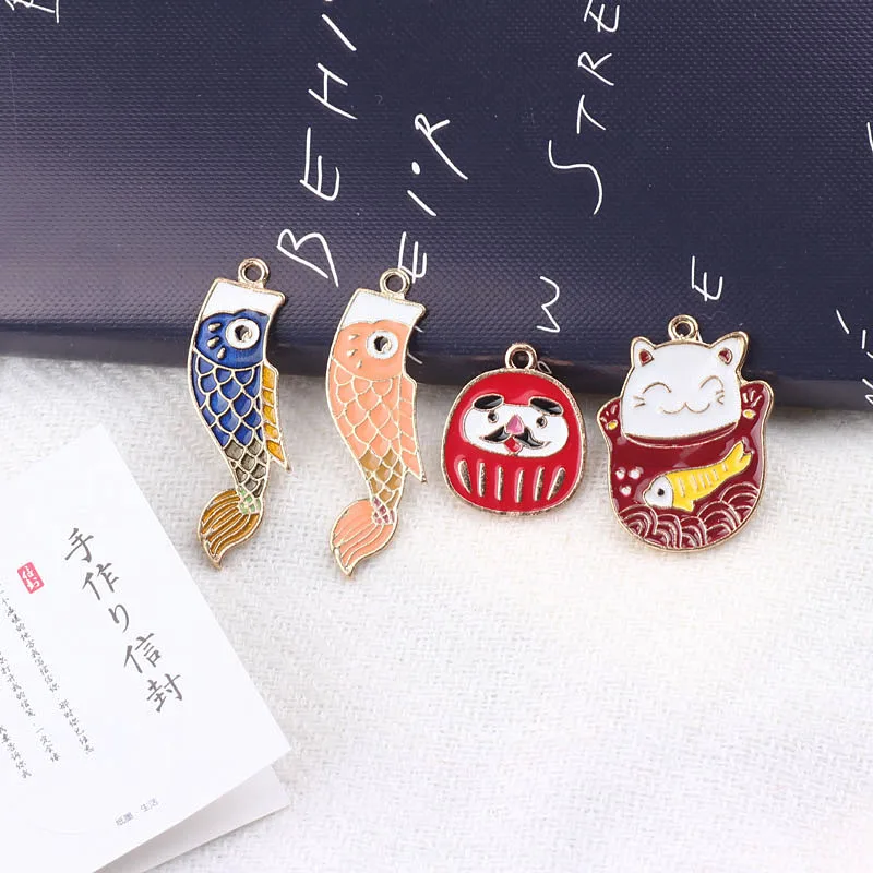 10pcs Diy Ear Accessories Lucky Cat Carp Flag Kaiyun Damo Earrings  Pendant Bracelet Necklace Handmade Charms