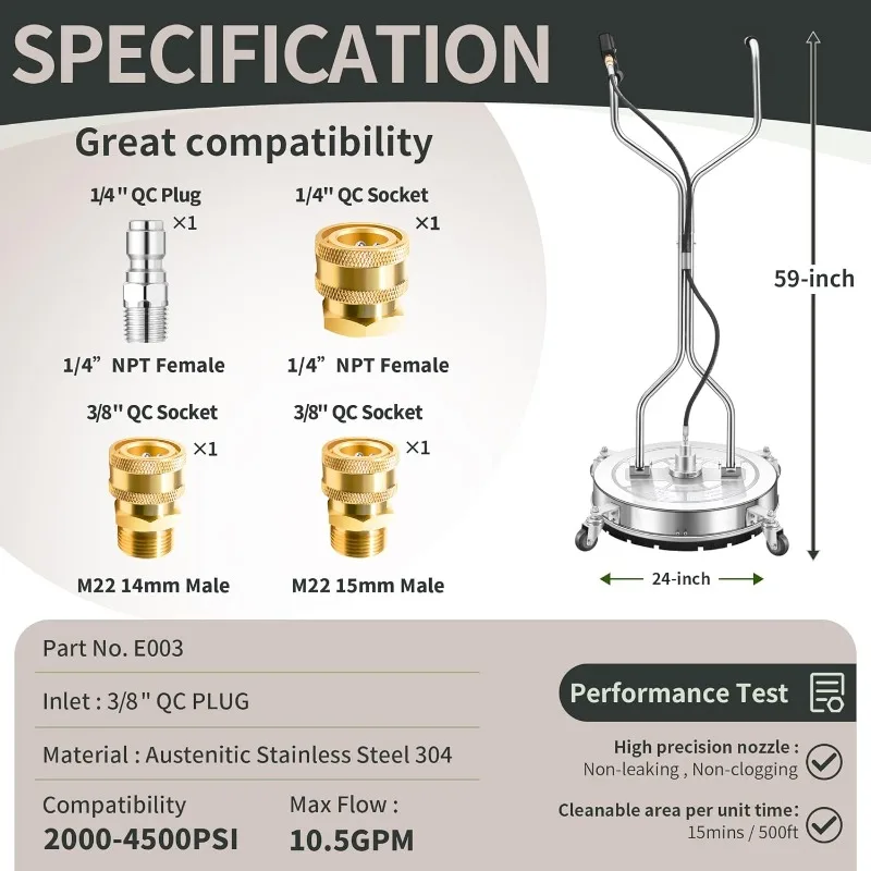 منظف أسطح الغسالة مع 4 عجلات - منظف أسطح بمقبض مزدوج من الفولاذ المقاوم للصدأ لمرفق غسالة الضغط f