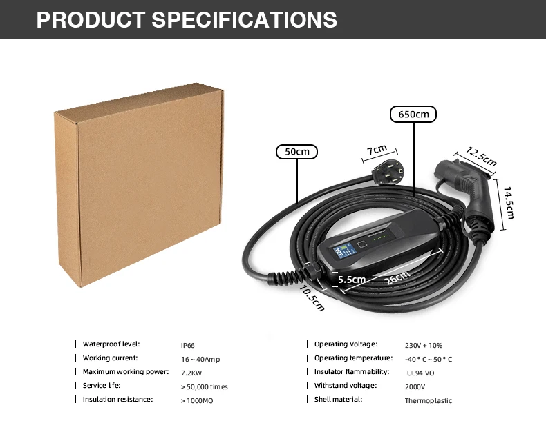 BESEN Factory 8.8kW Carregador de carro elétrico portátil tipo 1 IP66 à prova d'água ETL de alta potência padrão americano 40A Carregador EV