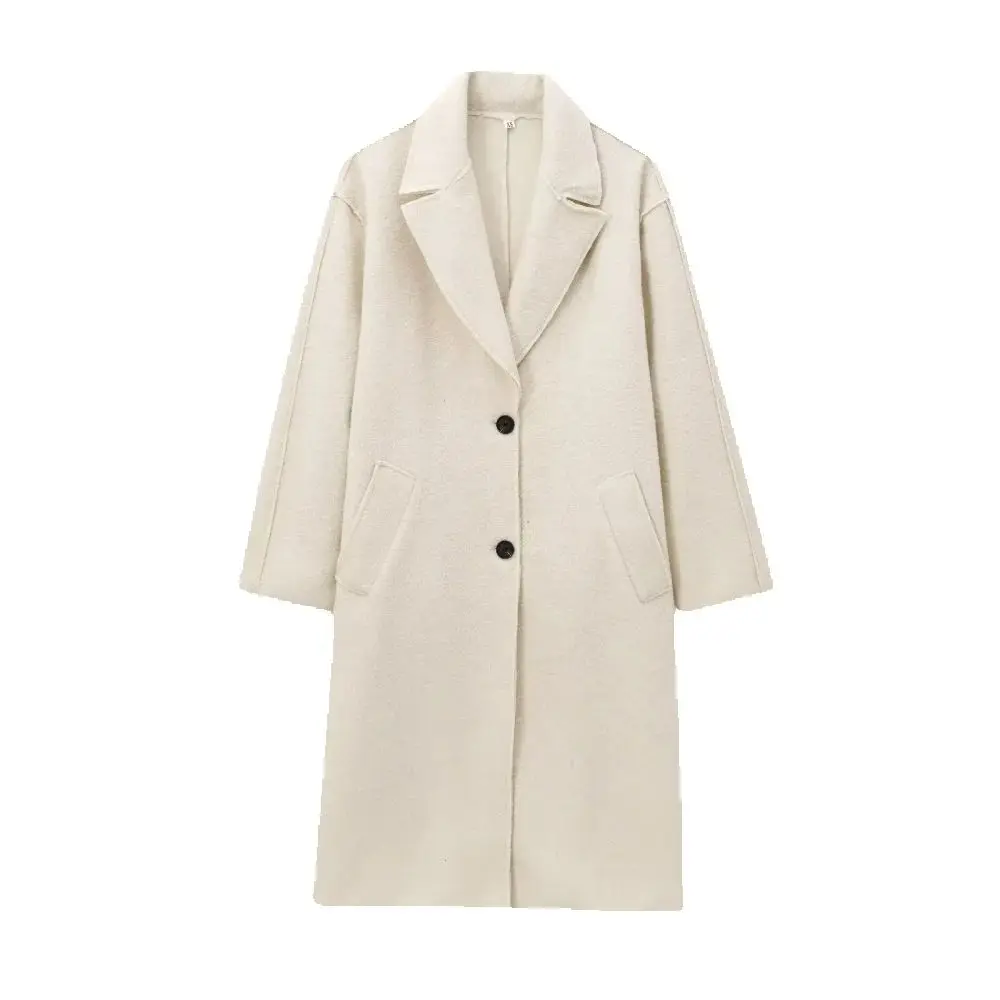 

women's loose fitting coat with collar long sleeved button pocket autumn and winter new style temperament woolen coat