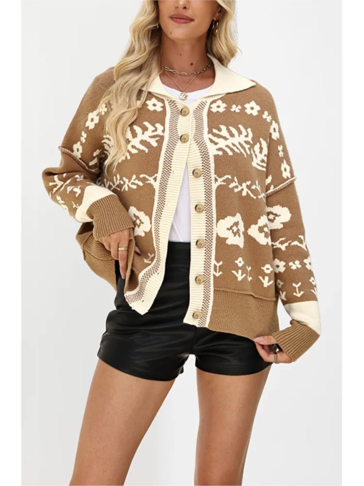 

Autumn And Winter New Square Collar Button Long-sleeved Sweater Women's Fashion Loose Casual Cardigan Knitted Jacket Top