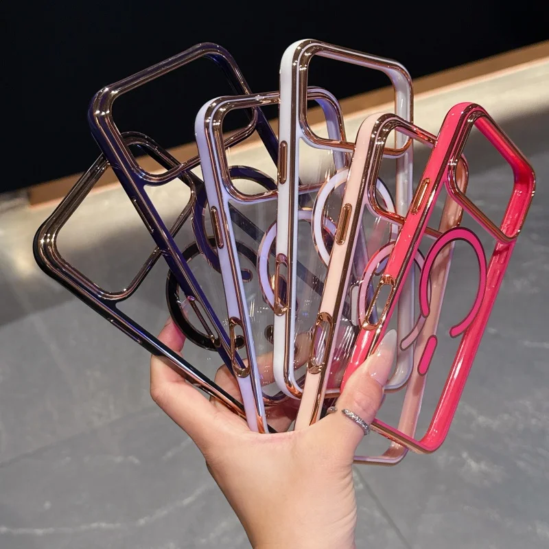 Funda de carga inalámbrica Magsafe de Color chapado de lujo para iPhone 17 Air 16 15 14 13 17 Pro Max Plus lente de cámara protege la cubierta transparente