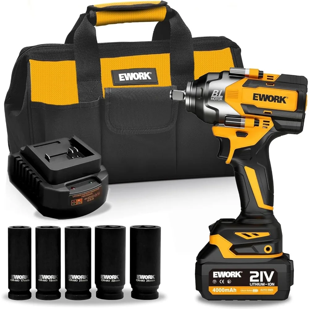 مفتاح ربط لاسلكي 21 فولت، 1/2 بوصة، بدون فرش، عزم دوران عالي، يصل إلى 700 قدم، مع بطارية ليثيوم أيون 4.0 أمبير في الساعة #1