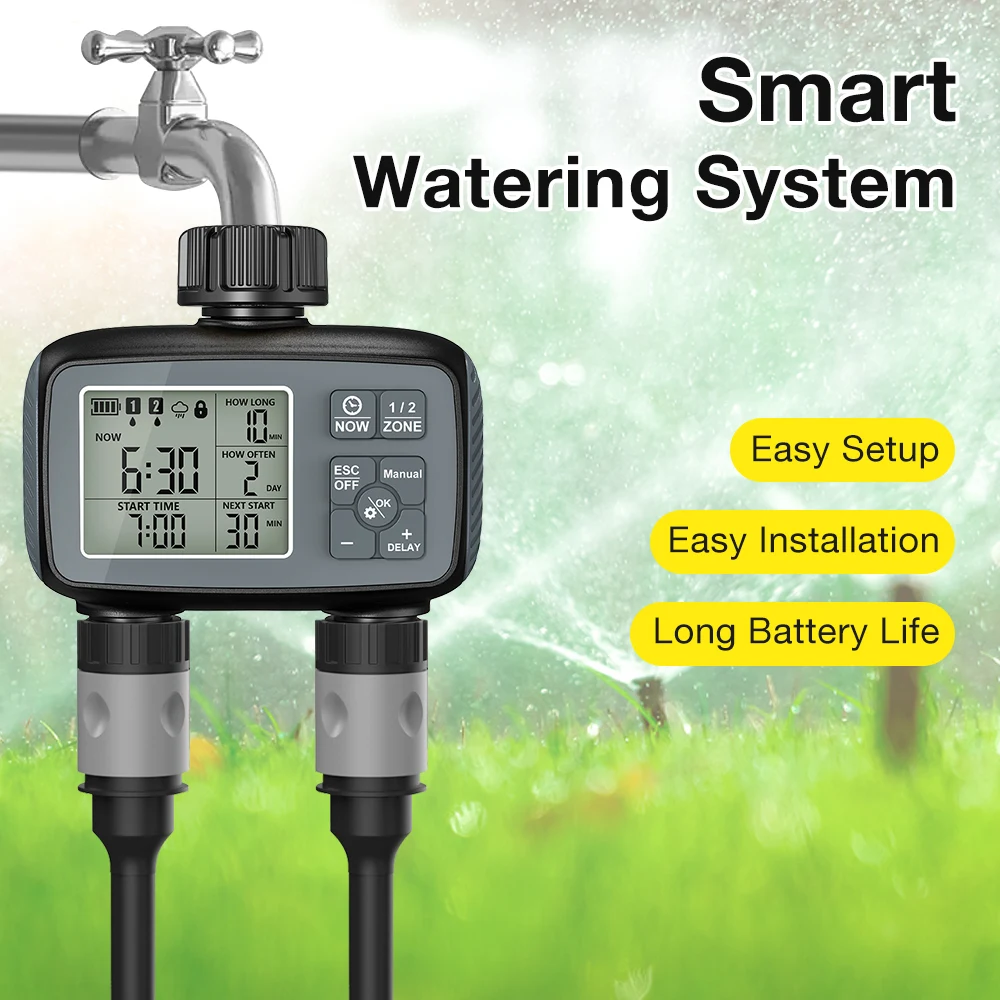 2-Outlet Water Timer Irrigation Sprinkler Automatic Watering System LCD Programmable Valve Timer IPX5 Waterproof For Garden Yard