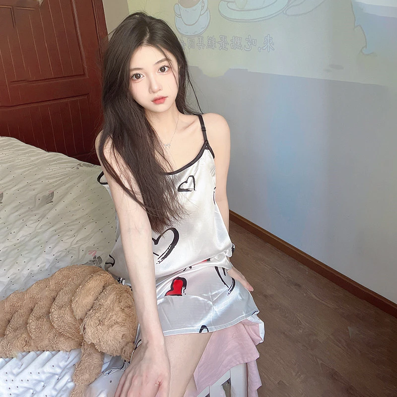 New High Quality Summer Ice Silk Women Cute Sling Dress Casual Sleeveless Night Dress Slips Under Dress Sexy Ladies Pajamas