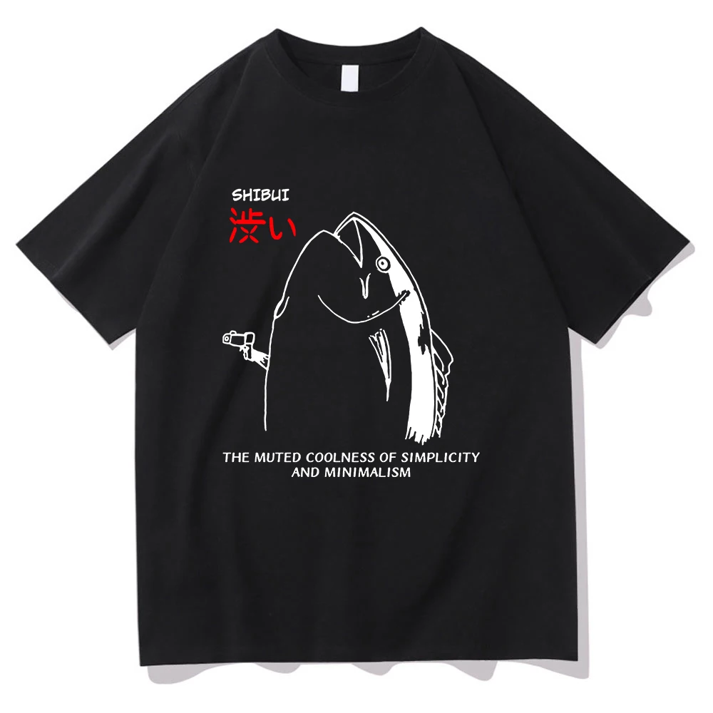 Harajuku نمط جميل الخريف جميع الأغراض أعلى متعة اليابانية الأسماك والبندقية تصميم تي شيرت الأزواج للجنسين القطن تصميم تي شيرت #4