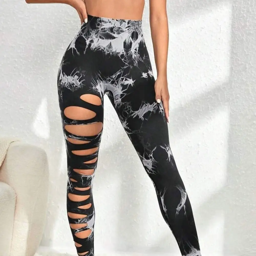 Comfort hoge taille yoga legging dames uitgehold elastische tie-dye legging zweetabsorptie lange naadloze broek dames