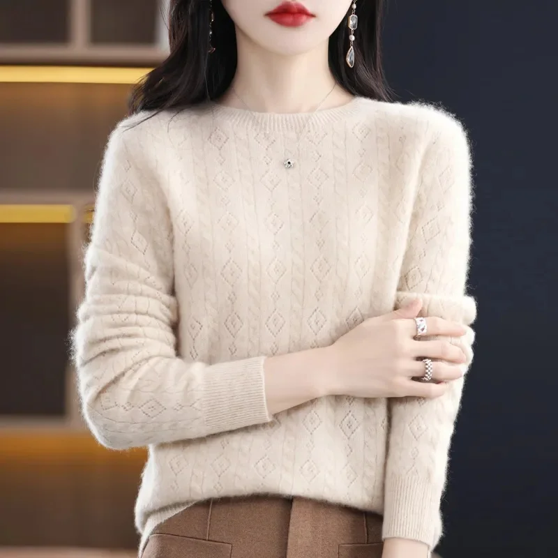 100% Merino Wool Cashmere Sweater Women Knitted Sweater O Neck Long Sleeve Pullovers Autumn Winter Clothing Warm Jumper Tops