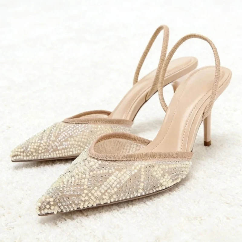

Bling Upper Design Women Pumps Sexy Pointed Toe Slingback Heeled Sandals Stretch Back Strap Stiletto Heels for Ladies Tacones