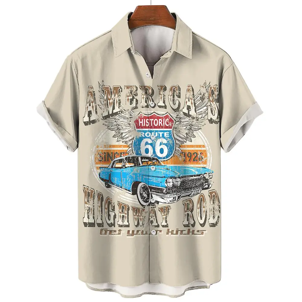 Vintage Men\'s Shirts Route 66 Classic Cars Tees 3d Print Short Sleeve Top Summer Clothes Route 66 Pattern Blouse Oversized Shirt