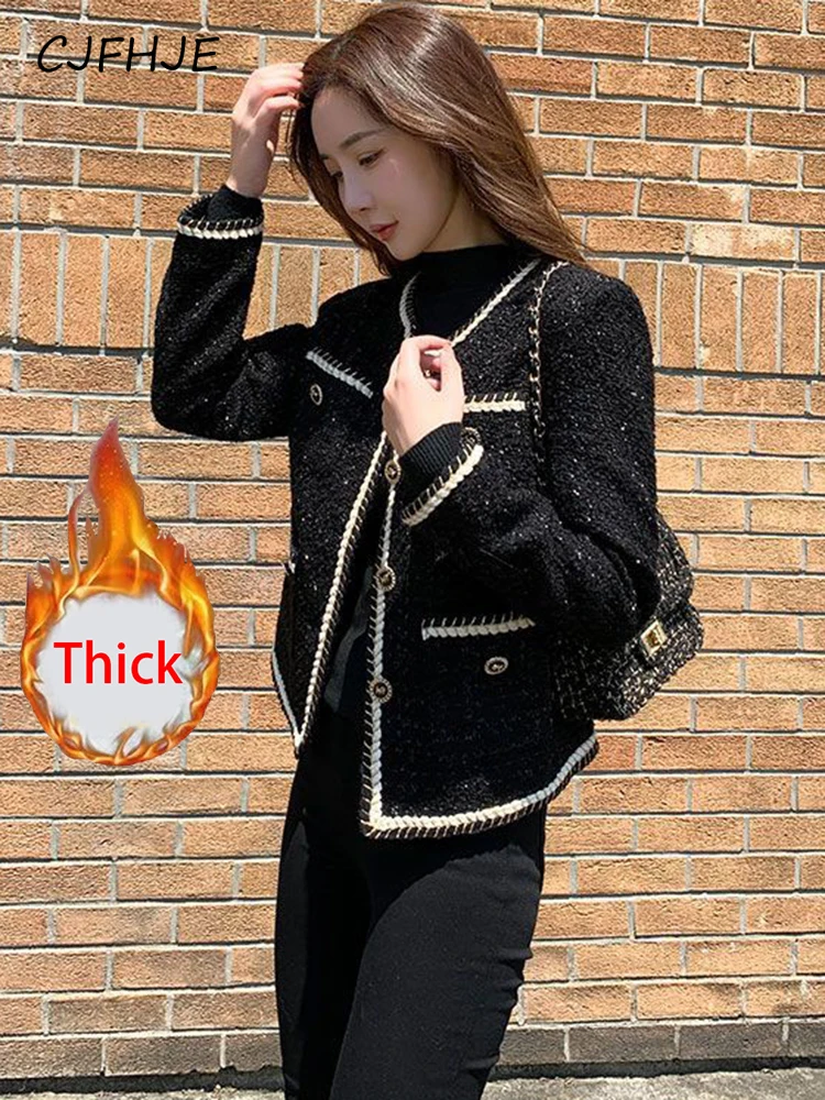 

CJFHJE Winter Sweet Women Thick Tweed Jacket Elegant Buttons Fashion Warm Short Coat New Korean Long Sleeve O Neck Design Tops