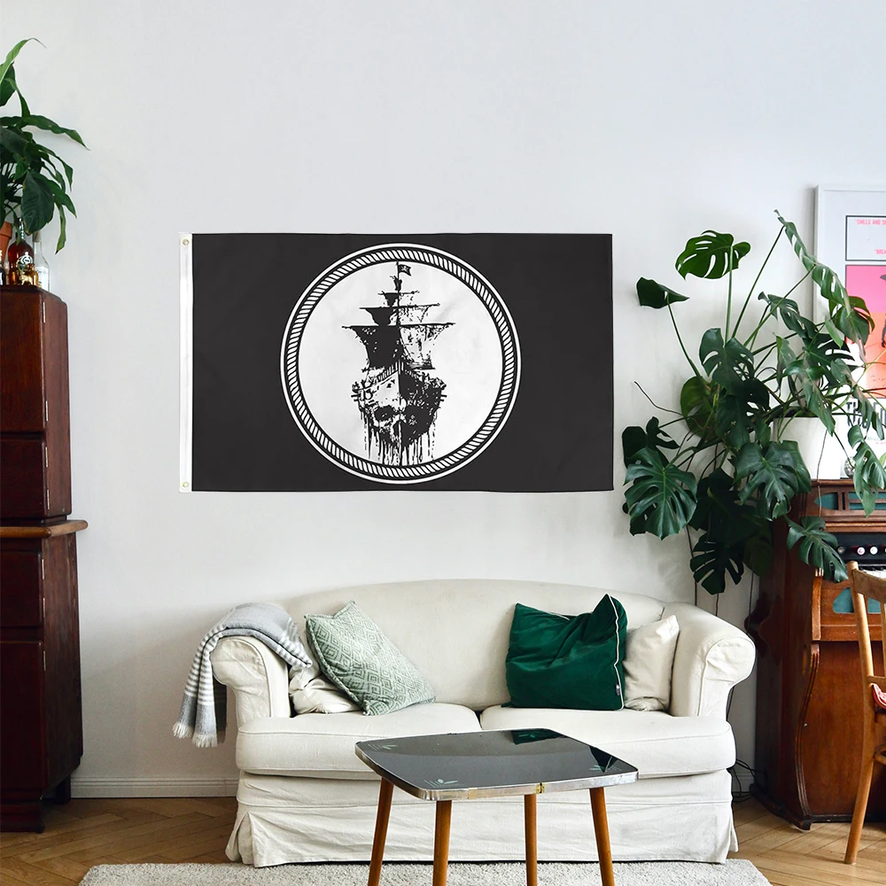 Ghost Pirate Ship Flag Black Sea Mutiny Jolly Roger Skull Sword Banner 3X5 ft