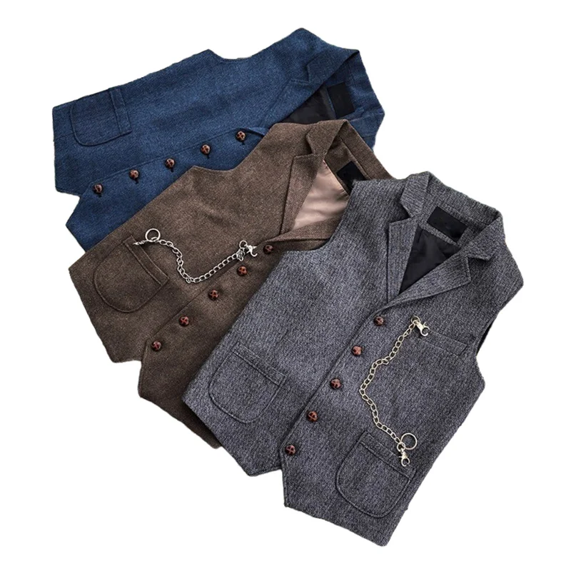 Autumn Retro Workwear Woolen Notched Lapel Suit Vest for Men, Heavy Herringbone Pattern American-Style Vest, Plus Size