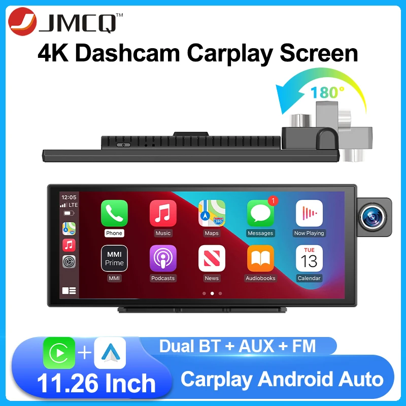 JMCQ 11.26 Inch Dash Camera 4K Car DVR Wireless Carplay & Android Auto WiFi Bluetooth GPS 180° Adjustable Front Lens Navigation