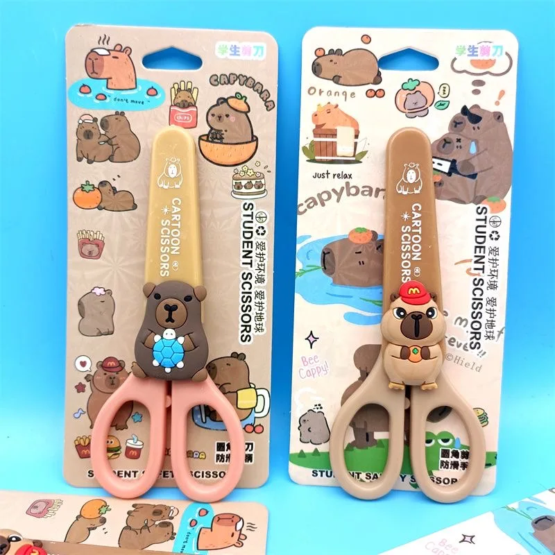 3/1 قطعة مقص القرطاسية عشوائي لطيف كابيبارا رأس مستدير آمن الة قطع الورق الفولاذ المقاوم للصدأ مقص فني مع حافظة واقية #1