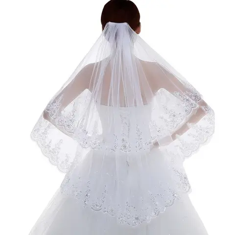 Wholesale Women's Short 2 Tier Lace Wedding Bridal Veil With Comb High Quality Appliqued Sequin Lace Edge