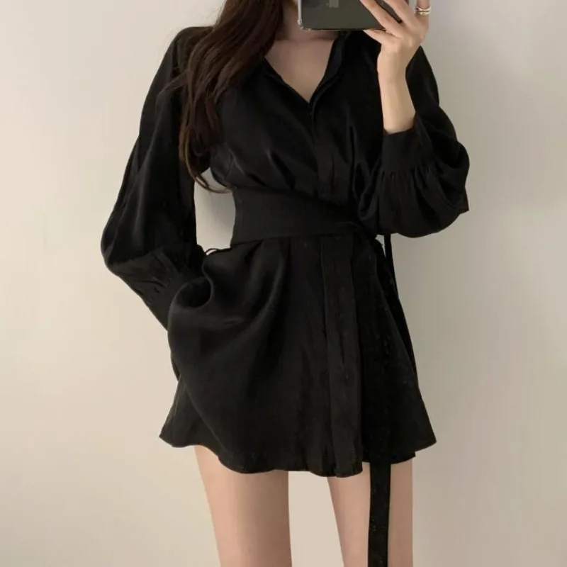 Long-sleeve Dresses Women Solid Vintage Lace-up Bodycon French Style Mini Temperament Sexy Casual Mature Ladies Clothing Ulzzang