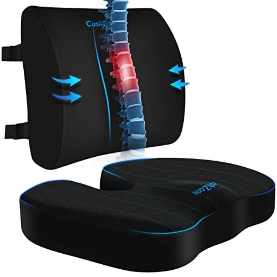 Ergonomic Seat Cushion and Lumbar Support Pillow - Memory Foam for Sciatica Pain Relief and Posture Correction, Non-Slip Chair