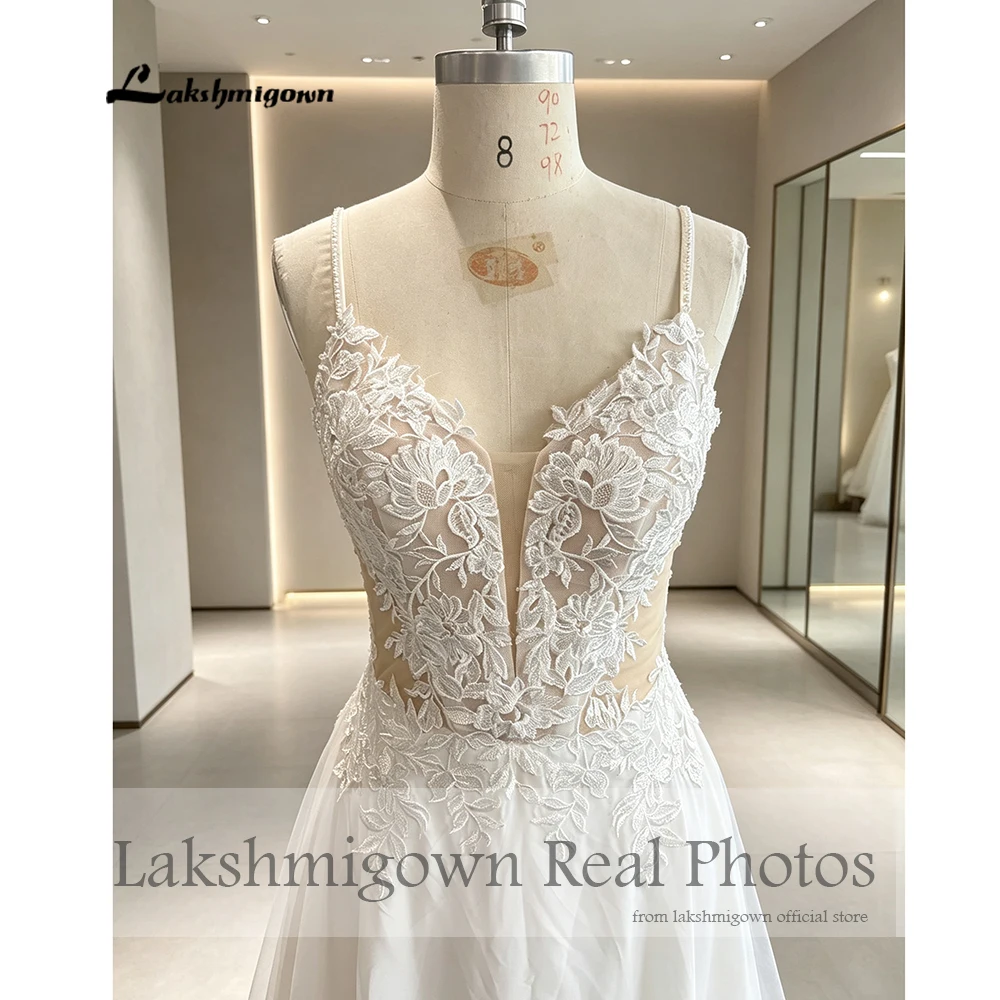 Lakshmigown Bohemian Spaghettiträger Hochzeitskleid Chiffon V-Ausschnitt A-Linie Brautkleid Spitzenapplikationen 2027 Echte Fotos Maßanfertigung – Detail 7