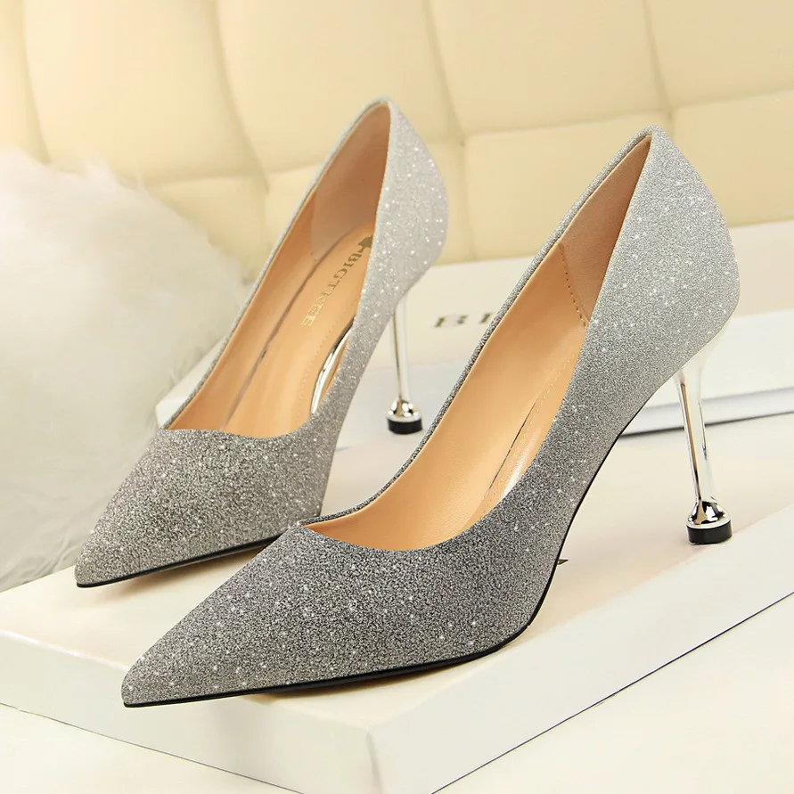 Korean Edition Fashion Slim Shallow Mouth Sharp Tip Shiny Color Gradient Contrast Single  High Heels Women's Pumps Wedding Shoes