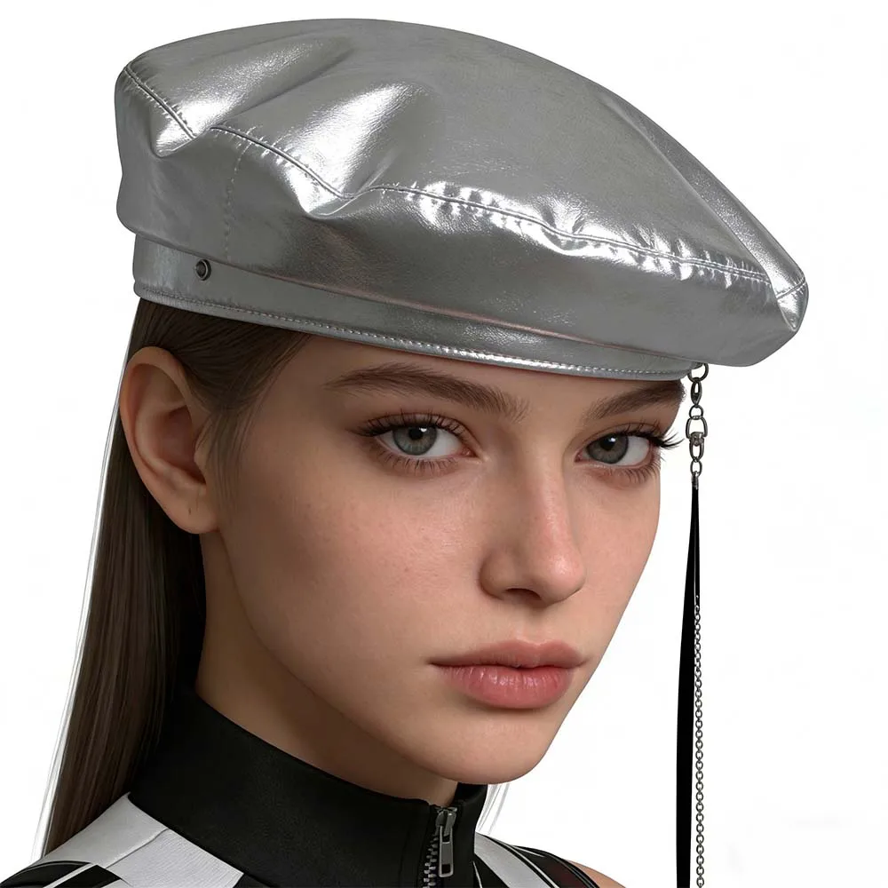 Silver Patent Leather Beret For Women Vintage Navy Inspired Painter Cap French Chain Decoration Elegant Fashion Hat