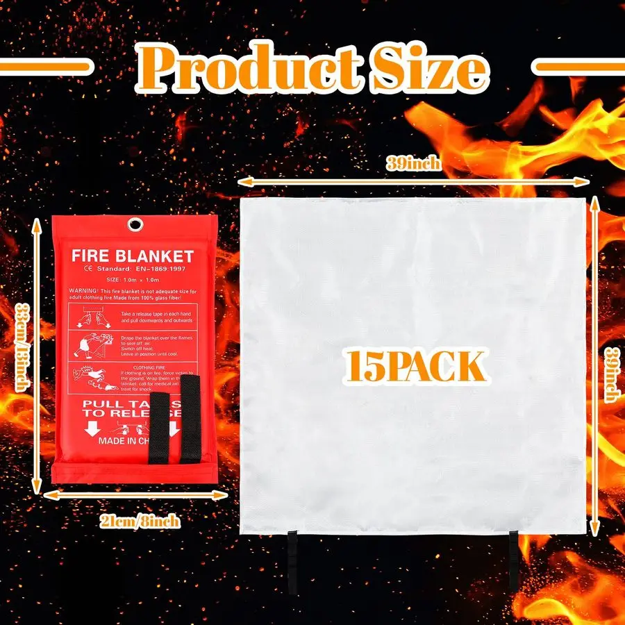 15 Pcs Fire Blanket Fiberglass Fire Emergency Flame Retardant Safety Fireproof Safety Suppression Cover Blanket for Kitchen, Hom