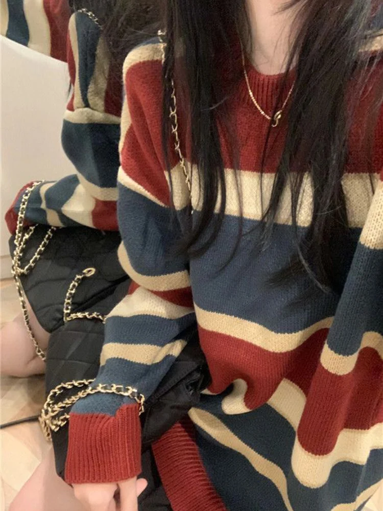 Zoki Harajuku Lazy Wind Striped Sweater Women Vintage Oversize Letter Knitted Tops Retro Loose Japan Bf Long Sleeve Pullovers