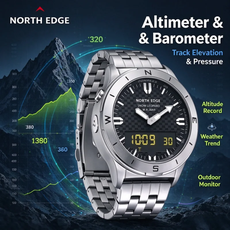 NORTH EDGE Men's Digital Sports Watch with Steel Band 50M Water-Resistant Altimeter Barometer Compass Features for Military Outd