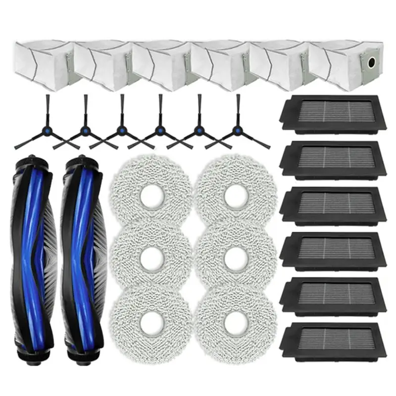 

Запчасти для пылесосов Ecovacs T50 OMNI / T50 PRO OMNI: основная щетка, боковая щетка, HEPA-фильтр, салфетка для влажной уборки, мешок для сбора пыли, аксессуары.